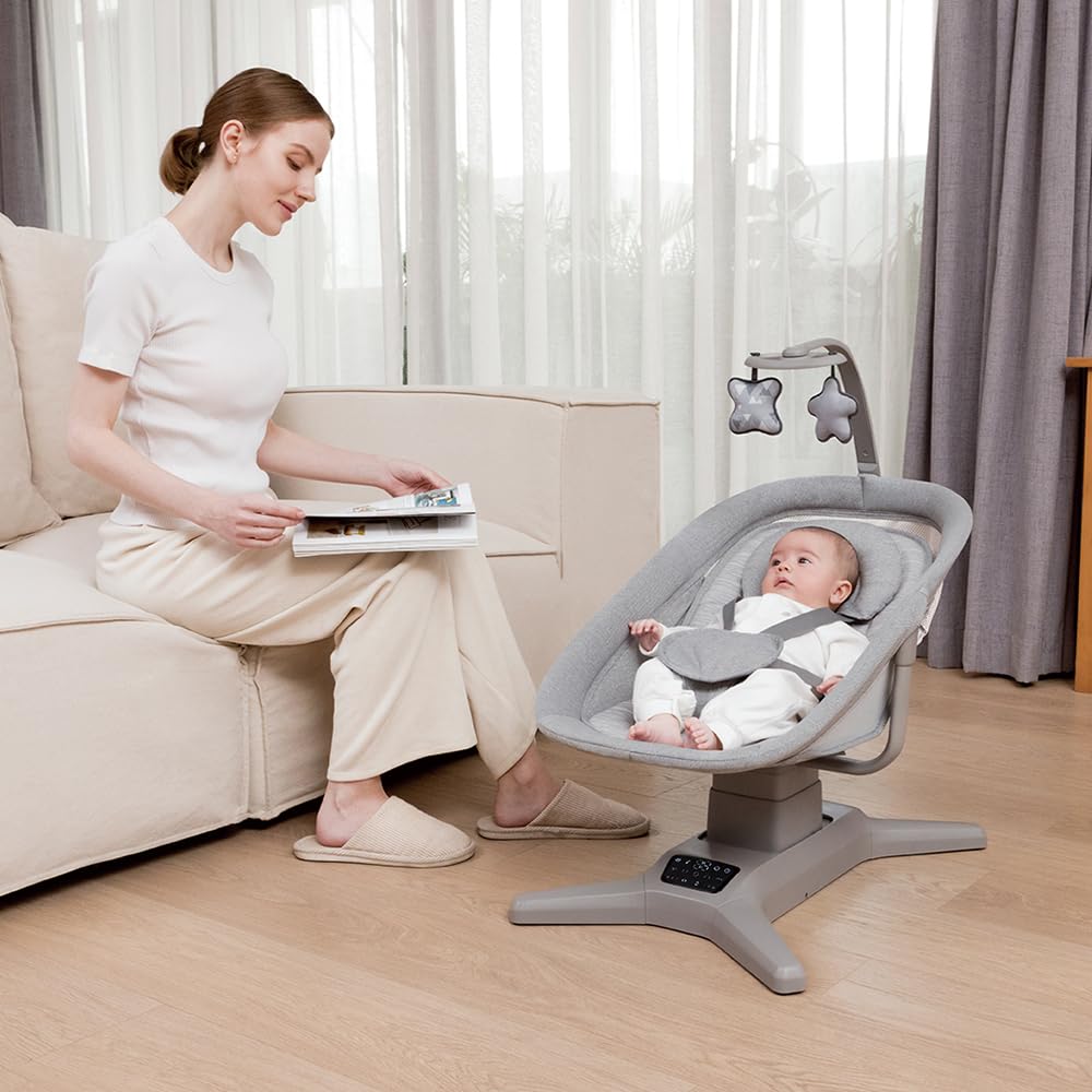 StarAndDaisy X Mastela Baby Electric Cradle/Crib for Infant, Toddler with 7 Swing Modes, Music, Backrest Adjustment, Hanging Toys & Touch Panel - Dark Grey