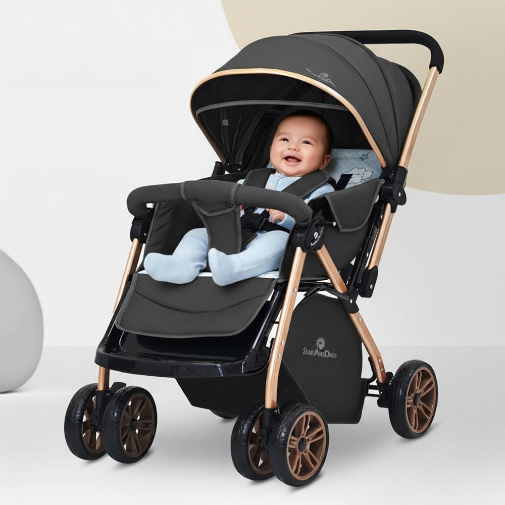 StarAndDaisy Foldable Baby Stroller for 0-3 years Infant & Toddler / Travel Pram for Baby with 360° Swivel Lockable Front Wheels , Multi-Level Recline & Adjustable Footrest , Removable Tray , Safety Harness Belt -Black