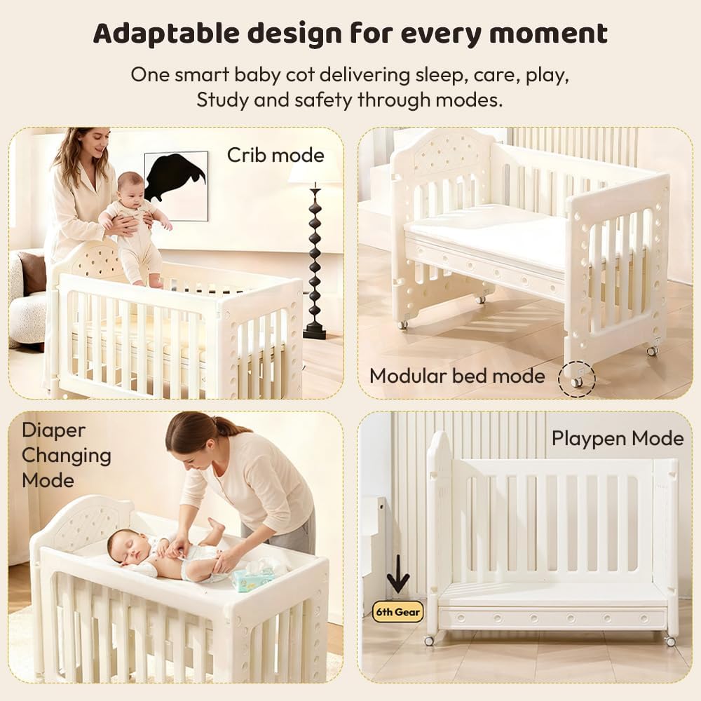 StarAndDaisy Baby Cot with Wheels / 100KG Heavy Duty PP Baby Crib/Waterproof & Termite Resistant/BPA-Free Newborn Baby Bed/Portable Infant Sleeping Cot -White (Tiny Dreams-White)