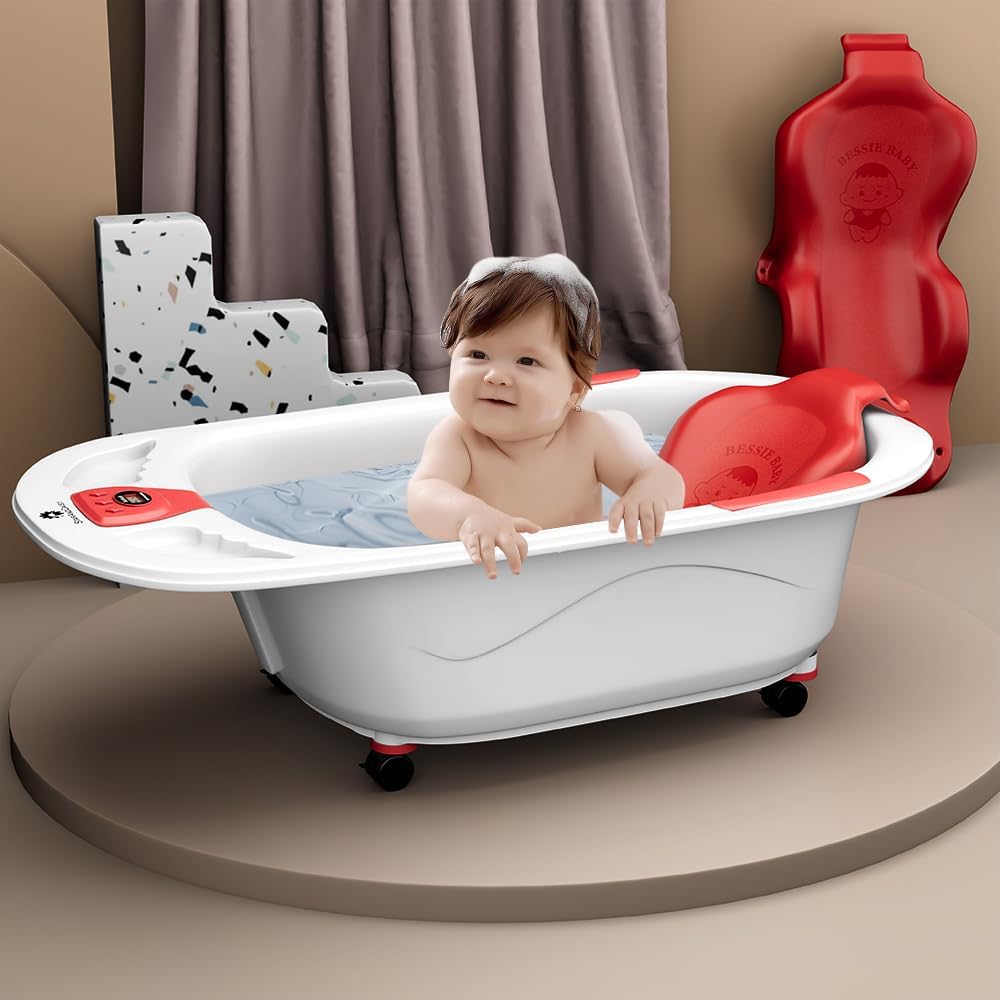 StarAndDaisy Baby Bath Tub for 0 to 5 Years/Bath Tub for Kid 0-3 Years/Infants Bathtub with Temperature Censor & Baby Bath Seat/Sling, Antislip Baby Bath Tub with Bath Chair -Red
