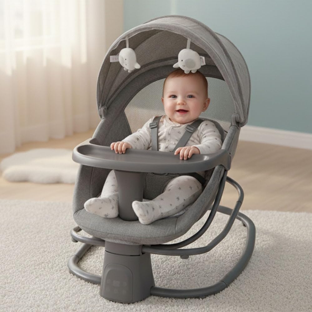 StarAndDaisy X Mastela 4 in 1 Swing Rocker Automatic for Newborn Baby 0 to 18 Month Girl & Boy with 4- Swing Modes, Detachable Tray, Backrest Adjustment Bassinet, Bluetooth Playback (4 in 1-Dark Grey)