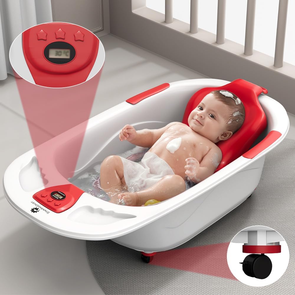 StarAndDaisy Baby Bath Tub for 0 to 5 Years/Bath Tub for Kid 0-3 Years/Infants Bathtub with Temperature Censor & Baby Bath Seat/Sling, Antislip Baby Bath Tub with Bath Chair -Red