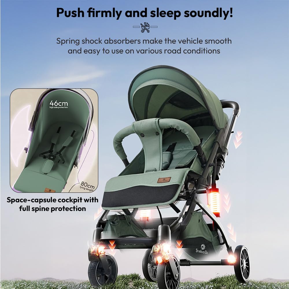 StarAndDaisy Foldable Stroller for Baby 0-3 Years Infant & Toddler / Travel Pram for Baby with Storage basket & Lockable Wheels, Multi-Level Recline & Adjustable Footrest, Removable Tray , Safety Harness Belt -Green