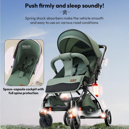 StarAndDaisy Foldable Stroller for Baby 0-3 Years Infant & Toddler / Travel Pram for Baby with Storage basket & Lockable Wheels, Multi-Level Recline & Adjustable Footrest, Removable Tray , Safety Harness Belt -Green
