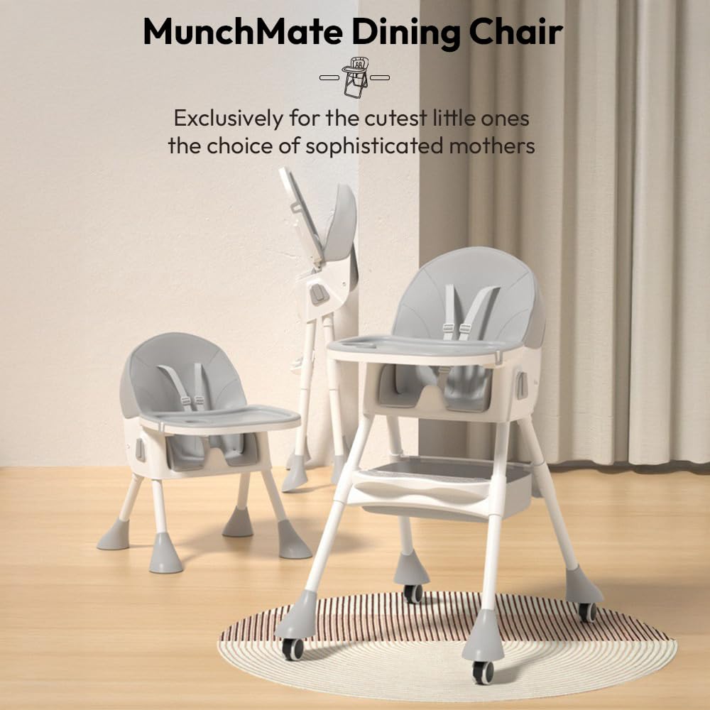 StarAndDaisy High Chair for Baby 6 Months to 5 Years/Adjustable Height Feeding Chair with 4 Reclining Seat Positions, Double Food Tray, Foldable Design & Wheels/High Chair for Baby - Grey