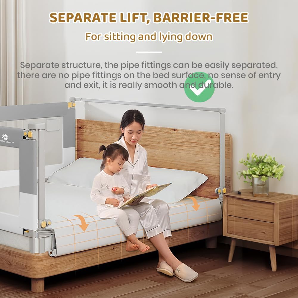 StarAndDaisy Alloy Steel Baby Bed Guard Rail with T-Body Support Frame/Adjustable Height, and Portable Single-Side Design for Infant and Toddler Safety - (Grey & White-1.8 M)
