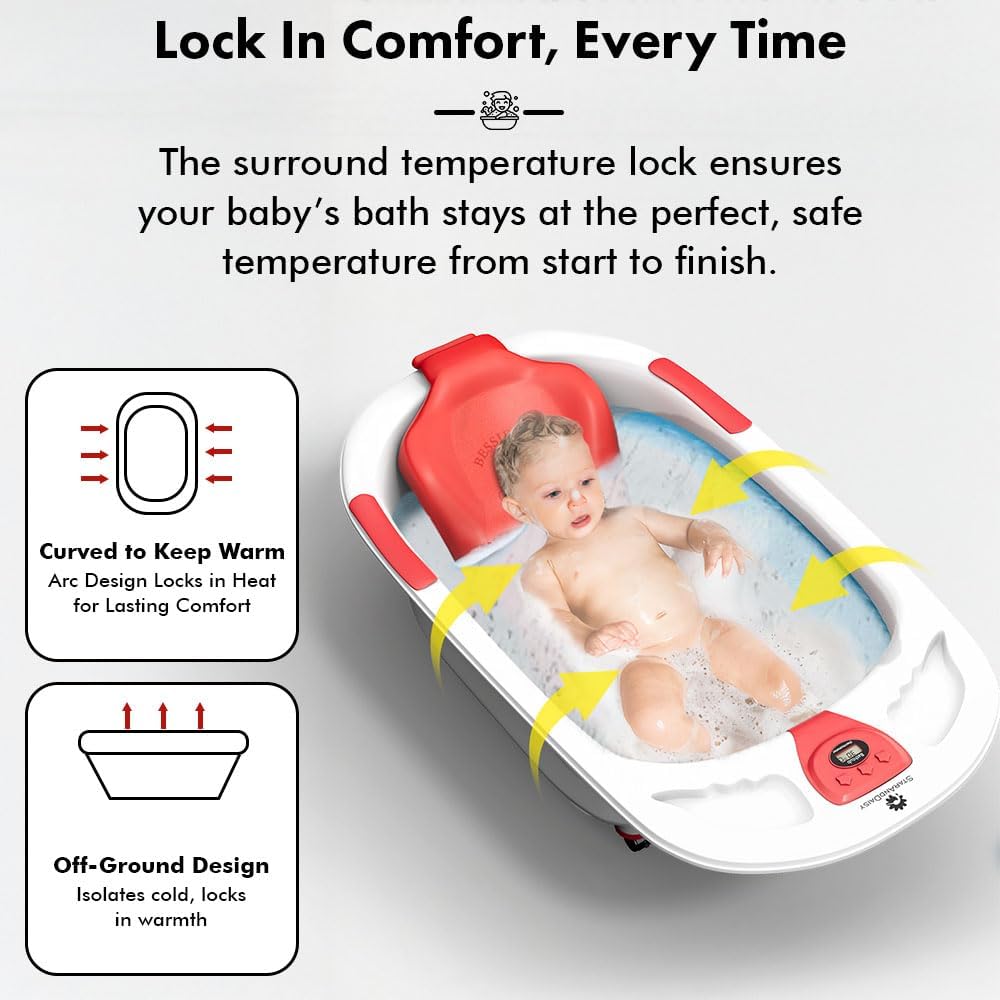 StarAndDaisy Baby Bath Tub for 0 to 5 Years/Bath Tub for Kid 0-3 Years/Infants Bathtub with Temperature Censor & Baby Bath Seat/Sling, Antislip Baby Bath Tub with Bath Chair -Red