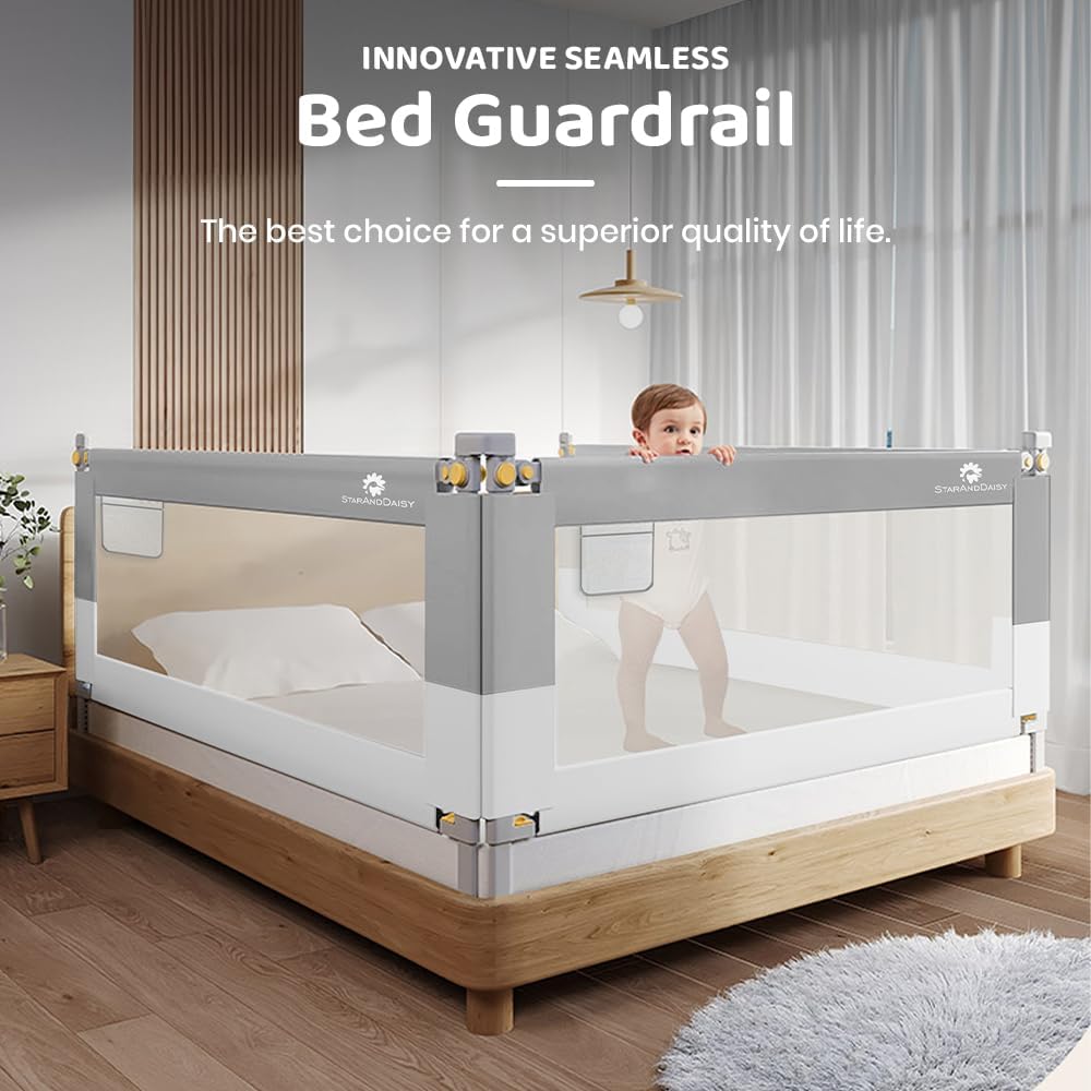 StarAndDaisy Alloy Steel Baby Bed Guard Rail with T-Body Support Frame/Adjustable Height, and Portable Single-Side Design for Infant and Toddler Safety - (Grey & White-1.8 M)