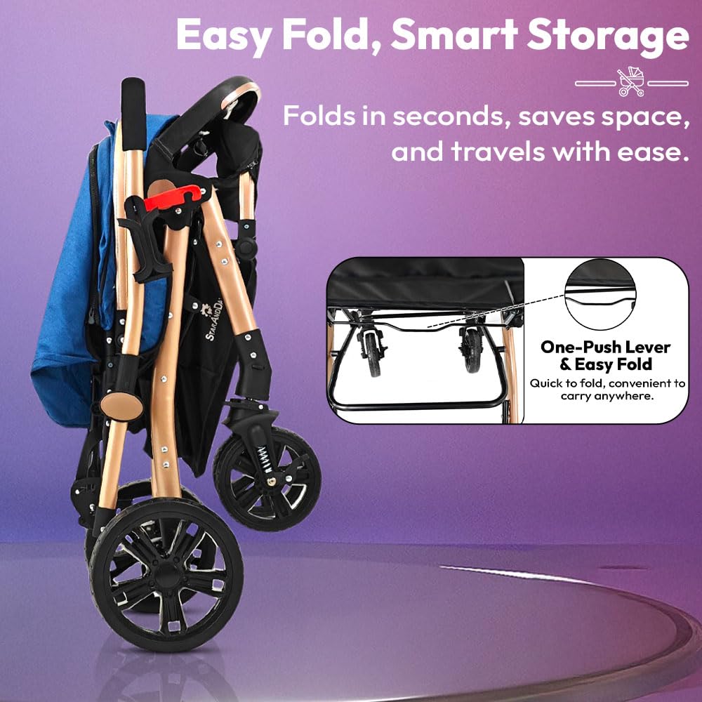 StarAndDaisy Foldable Stroller for Baby 0-3 Years Infant & Toddler / Travel Pram for Baby with Suspension & Lockable Wheels, Multi-Level Recline & Adjustable Footrest & Canopy, Removable Tray , Safety Harness Belt -Blue