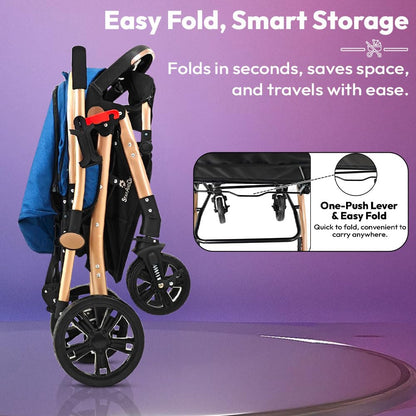 StarAndDaisy Foldable Stroller for Baby 0-3 Years Infant & Toddler / Travel Pram for Baby with Suspension & Lockable Wheels, Multi-Level Recline & Adjustable Footrest & Canopy, Removable Tray , Safety Harness Belt -Blue