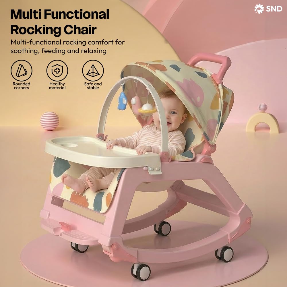 StarAndDaisy 5-in-1 Baby Rockers for 0 to 2 Years, Baby Multi Functional Rocker chair for Babies, Infants & Toddler with Removable Mattress, Swing & Bouncer/Cradle with adjustale Canopy & hanging toys - Pink