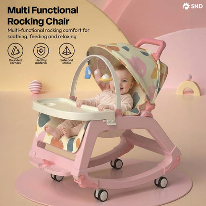 StarAndDaisy 5-in-1 Baby Rockers for 0 to 2 Years, Baby Multi Functional Rocker chair for Babies, Infants & Toddler with Removable Mattress, Swing & Bouncer/Cradle with adjustale Canopy & hanging toys - Pink