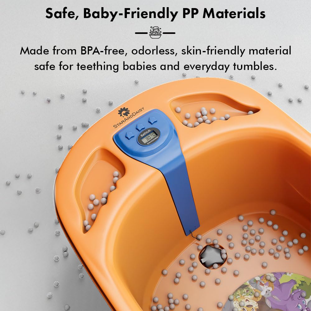 StarAndDaisy Baby Bath tub for 0 to 5 Years with Temperature Sensor/Bath Tub for Kids with Anti-Slip Legs/Bathtub for Baby with Baby Bather -Without Wheel(Orange-Blue)