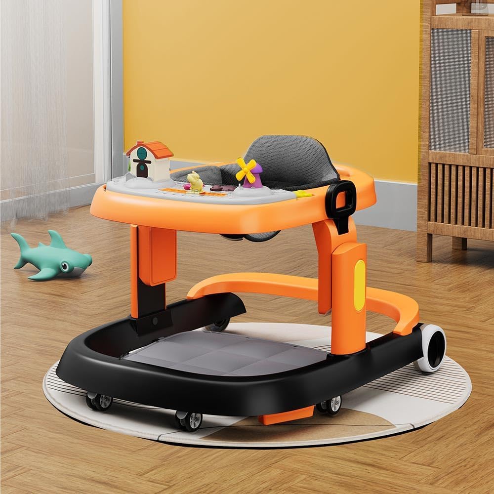StarAndDaisy 6-18months Baby Walker With Anti Fall Brake Pads / Walker For Kids With 3 Speed Height Adjustment,Multi-Level Seat Adjustment,Recreational Music Toy (Elegant Walker Orange Black)
