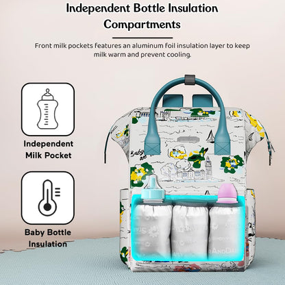 StarAndDaisy Baby Diaper Bag for Mother Travel/Diaper Bags for Mother for Travel with Laptop Pocket, Multi Compartments, Insulated Bottle Pockets, Waterproof, Ultra soft fabric - White Green