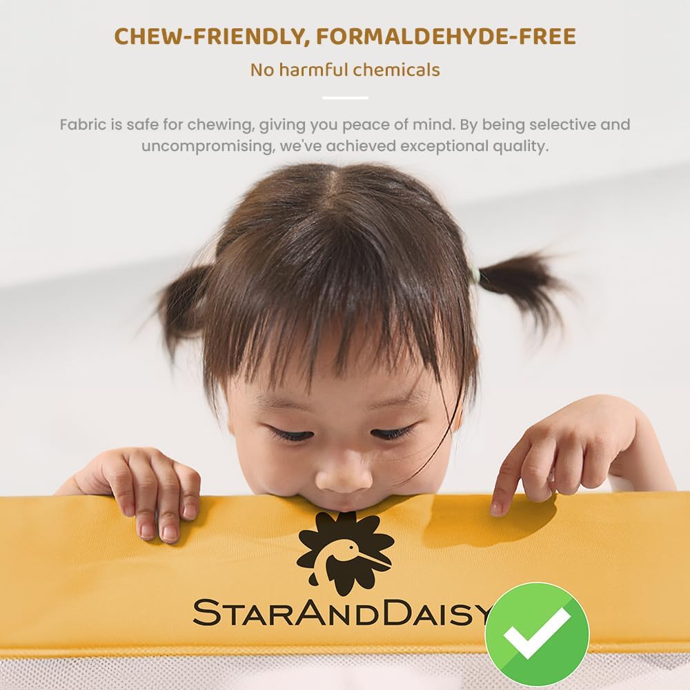 StarAndDaisy Bed Guard Rail for Baby/Kids with U-Full Body Support Frame, Height Adjustable/Portable Single Side Bed Rail for Toddler's Safety (Embroidered Yellow - 1.8M)