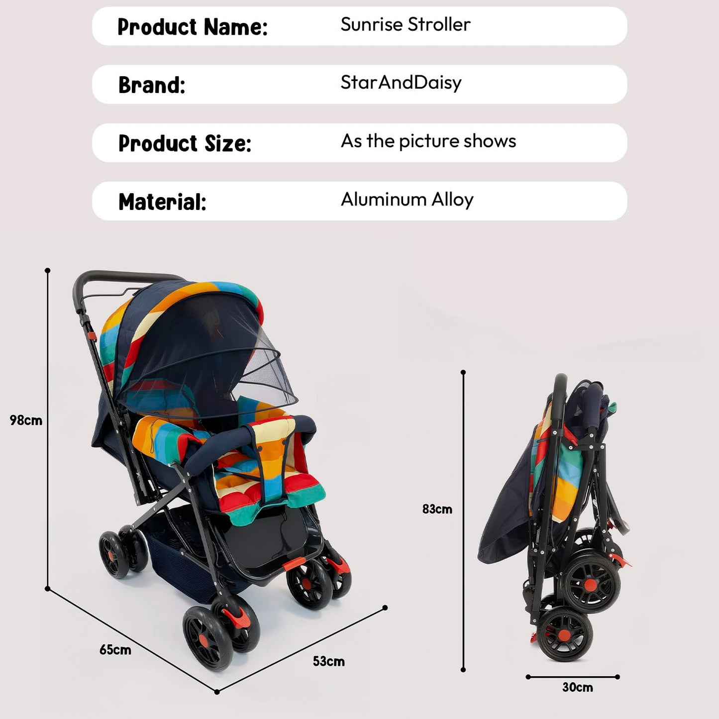 StarAndDaisy Baby Stroller for 0–3 Years, Foldable Baby Stroller/Pram with Mosquito Net, Large Storage Basket, 5 Point Safety Harness