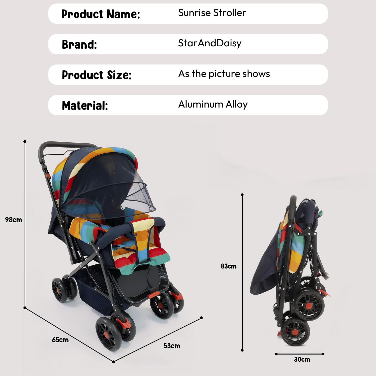 StarAndDaisy Baby Stroller for 0–3 Years, Foldable Baby Stroller/Pram with Mosquito Net, Large Storage Basket, 5 Point Safety Harness