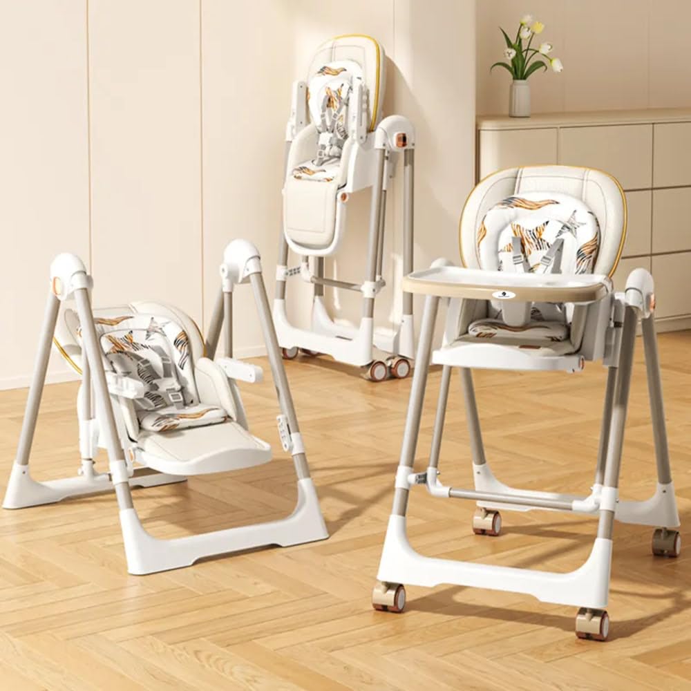 StarAndDaisy Galaxy 2 in1 Rocking Baby High Chair for Boys and Girls Dining Chair 4 Level Reclining Position, Adjustable Height, Locking Wheels, 5 Point Safety Belt (Brown)