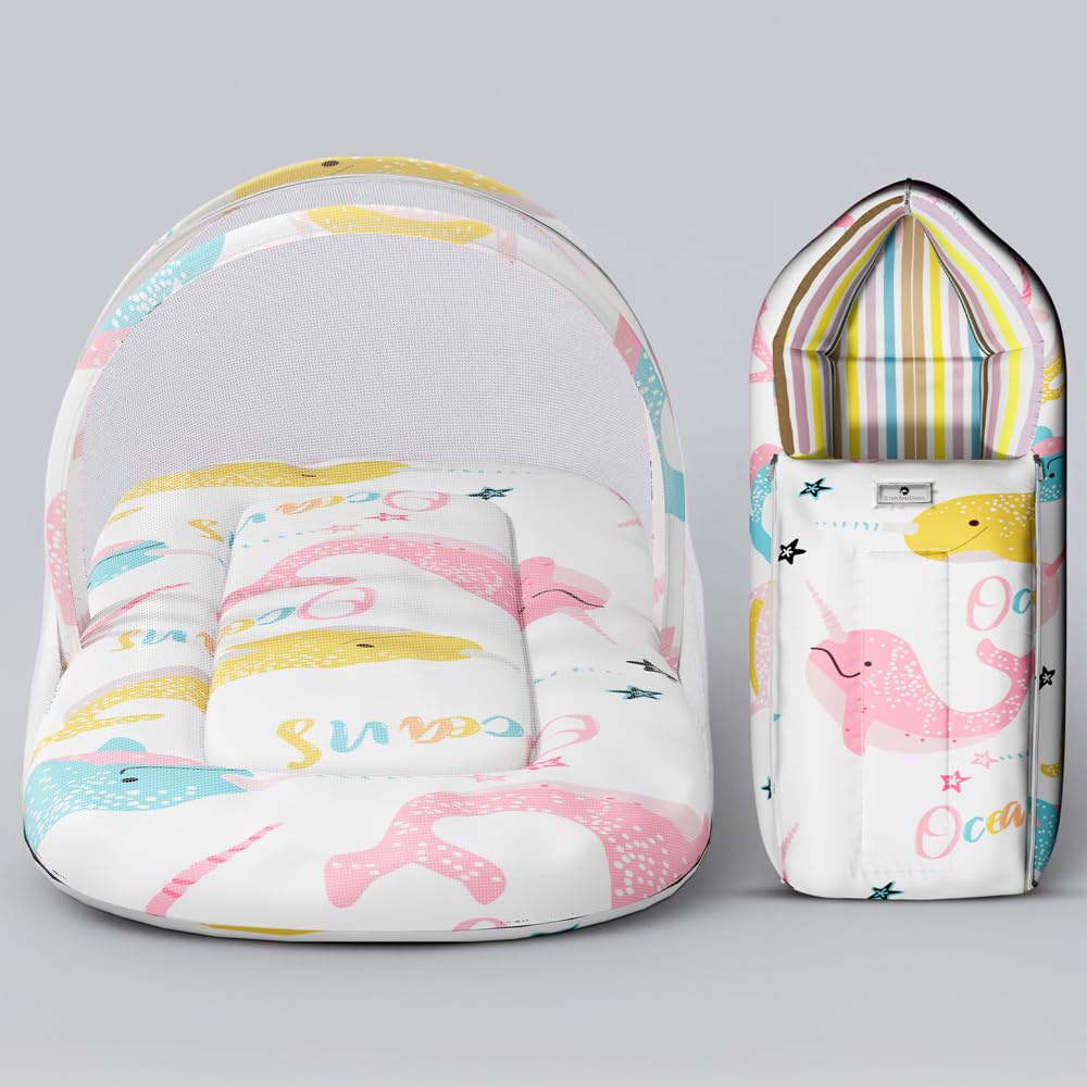 StarAndDaisy 2-in-1 Baby Sleeping Bag with Mosquito Net for Newborn/Soft & Breathable Cotton Sleeping Sack Cum Wrapper/Foldable Bag for Baby Protection/Infant (0-12 Months)-Ocean Print