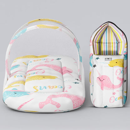 StarAndDaisy 2-in-1 Baby Sleeping Bag with Mosquito Net for Newborn/Soft & Breathable Cotton Sleeping Sack Cum Wrapper/Foldable Bag for Baby Protection/Infant (0-12 Months)-Ocean Print