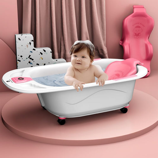 StarAndDaisy Baby Bath Tub for 0 to 5 Years/Bath Tub for Kids 0-3 Years/Infants Bathtub with Temperature Censor & Baby Bath Seat/Chair, Antislip Baby Bath Tub with Bath Sling-Pink
