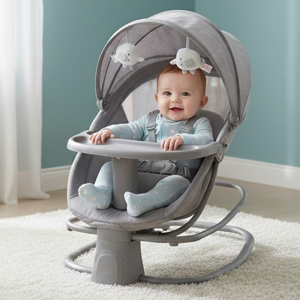 StarAndDaisy X Mastela 4 in 1 Swing Rocker Automatic for Newborn Baby 0 to 18 Month Girl & Boy with 4- Swing Modes, Detachable Tray, Backrest Adjustment Bassinet, Bluetooth Playback (4 in 1- Grey)