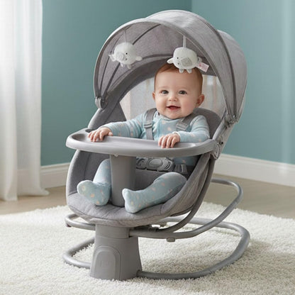 StarAndDaisy X Mastela 4 in 1 Swing Rocker Automatic for Newborn Baby 0 to 18 Month Girl & Boy with 4- Swing Modes, Detachable Tray, Backrest Adjustment Bassinet, Bluetooth Playback (4 in 1- Grey)