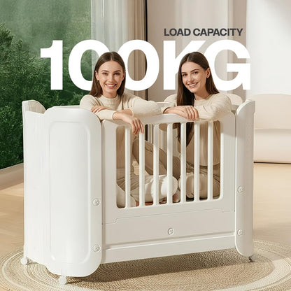 StarAndDaisy Baby Cot with Wheels / 100KG Heavy Duty PP Baby Crib/Waterproof & Termite Resistant/BPA-Free Newborn Baby Bed/Portable Infant Sleeping Cot -White