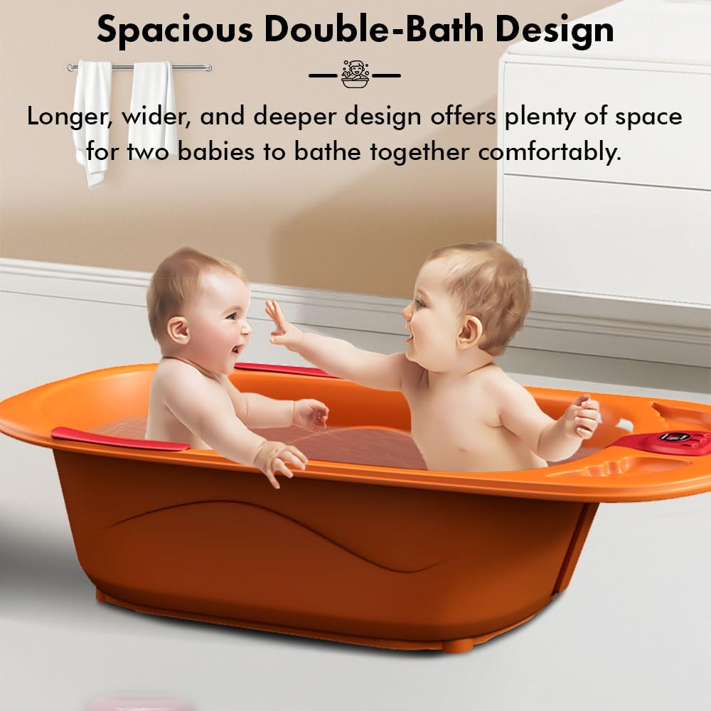 StarAndDaisy Baby Bath tub for 0 to 5 Years with Temperature Sensor/Bath Tub for Kids with Anti-Slip Legs/Bathtub for Baby with Baby Bather -Without Wheel(Orange - Red)