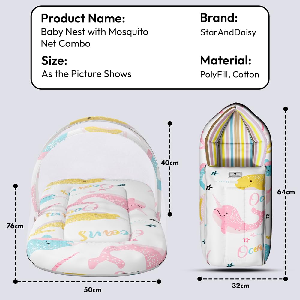 StarAndDaisy 2-in-1 Baby Sleeping Bag with Mosquito Net for Newborn/Soft & Breathable Cotton Sleeping Sack Cum Wrapper/Foldable Bag for Baby Protection/Infant (0-12 Months)-Ocean Print
