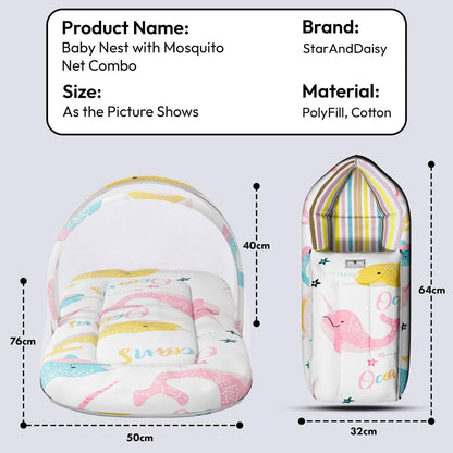 StarAndDaisy 2-in-1 Baby Sleeping Bag with Mosquito Net for Newborn/Soft & Breathable Cotton Sleeping Sack Cum Wrapper/Foldable Bag for Baby Protection/Infant (0-12 Months)-Ocean Print
