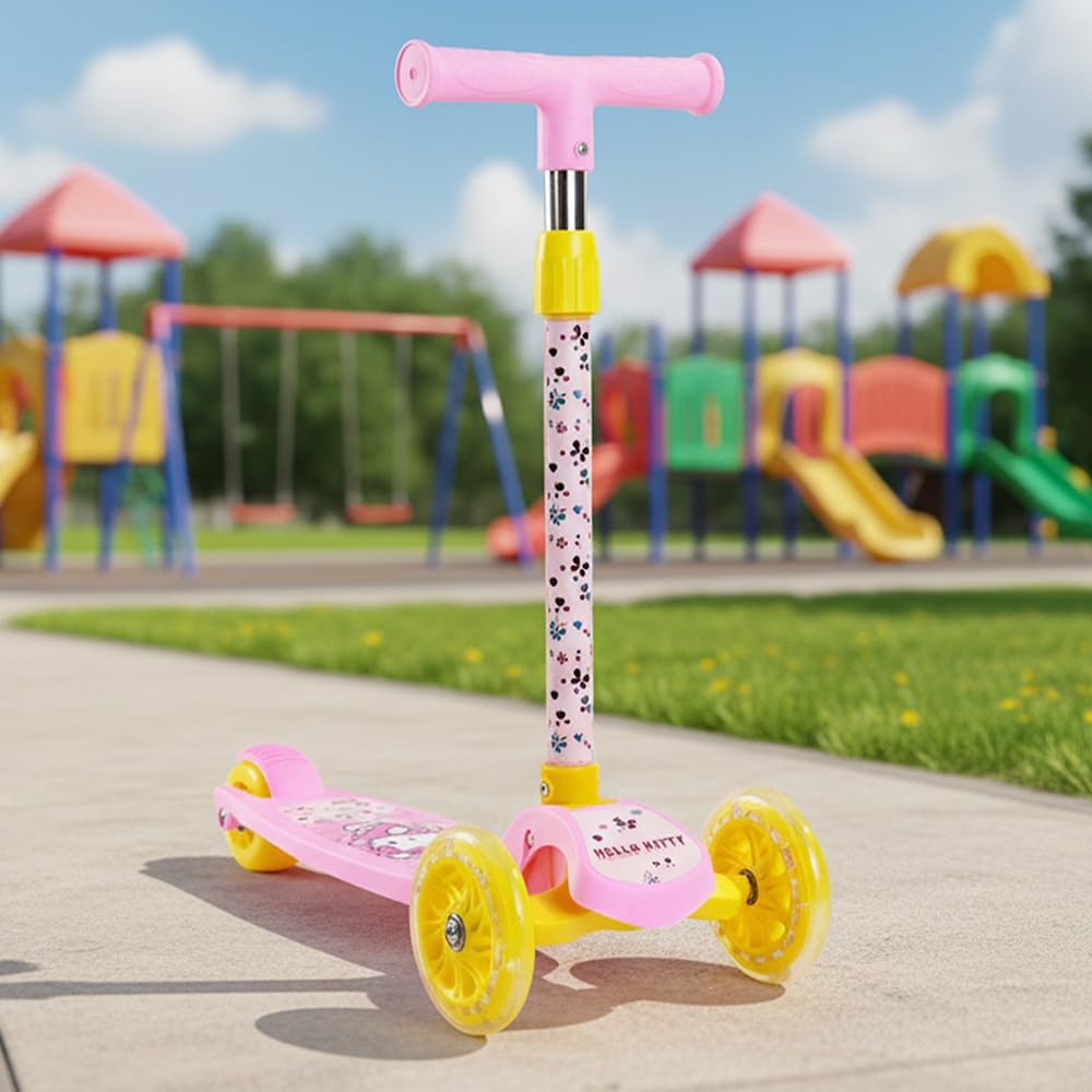 StarAndDaisy X Hello Kitty Kick Scooter for Kids 3+ Years, Foldable Skate Scooter for Children Boys & Girls with 4 Level Height Adjustment, LED Wheels & Brakes (Pink)