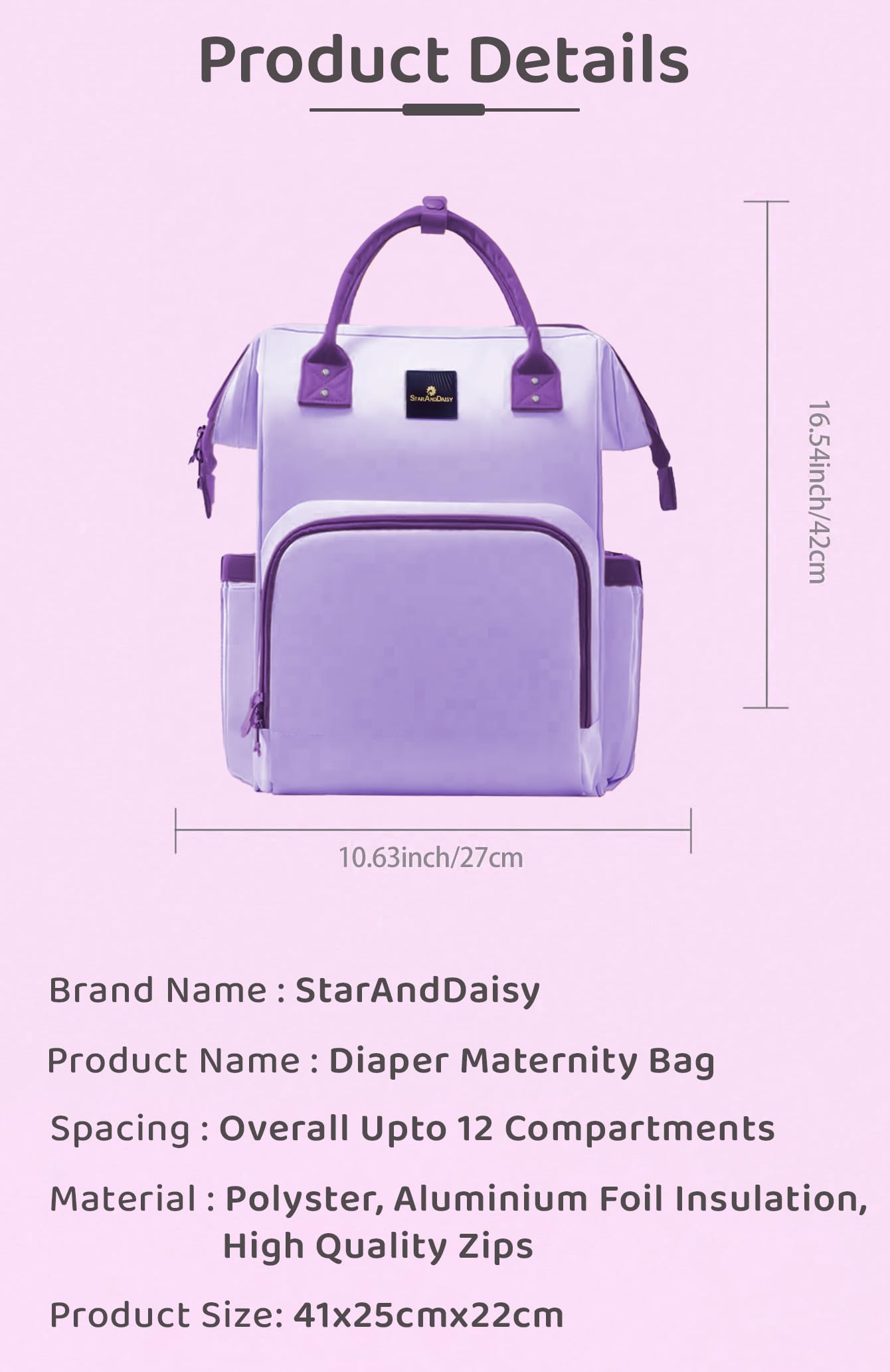 StarAndDaisy Baby Diaper Bag for Mothers/Mom Travel Maternity Backpack with Insulated Milk Bottle Pocket, Multi Compartments, Waterproof, Travel Friendly, Lightweight