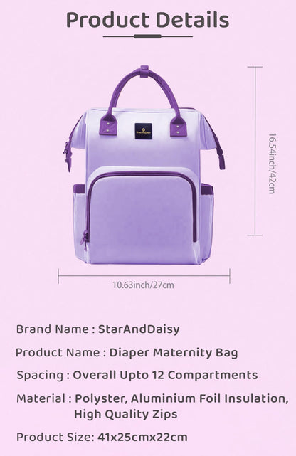 StarAndDaisy Baby Diaper Bag for Mothers/Mom Travel Maternity Backpack with Insulated Milk Bottle Pocket, Multi Compartments, Waterproof, Travel Friendly, Lightweight