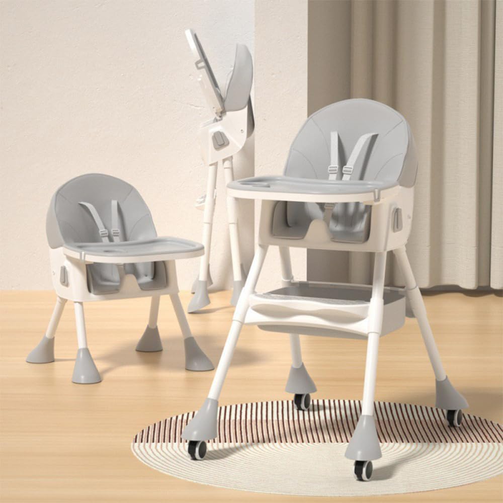 StarAndDaisy High Chair for Baby 6 Months to 5 Years/Adjustable Height Feeding Chair with 4 Reclining Seat Positions, Double Food Tray, Foldable Design & Wheels/High Chair for Baby - Grey
