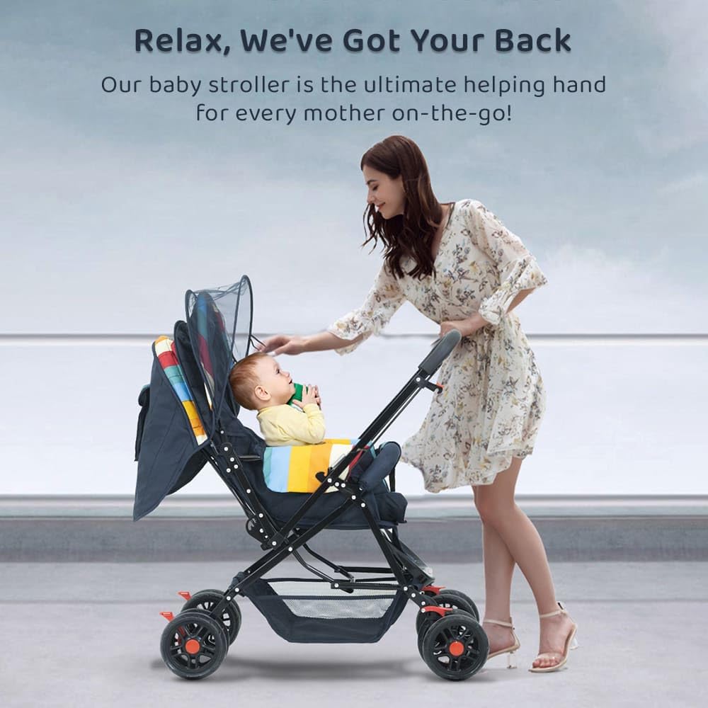 StarAndDaisy Baby Stroller for 0–3 Years, Foldable Baby Stroller/Pram with Mosquito Net, Large Storage Basket, 5 Point Safety Harness