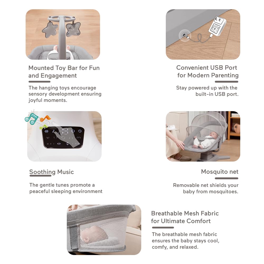 StarAndDaisy X Mastela Baby Electric Cradle/Crib for Infant, Toddler with 7 Swing Modes, Music, Backrest Adjustment, Hanging Toys & Touch Panel - Dark Grey