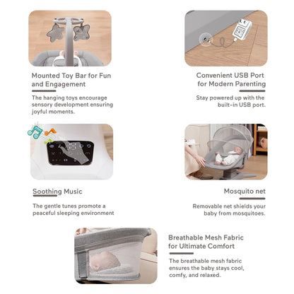 StarAndDaisy X Mastela Baby Electric Cradle/Crib for Infant, Toddler with 7 Swing Modes, Music, Backrest Adjustment, Hanging Toys & Touch Panel - Dark Grey