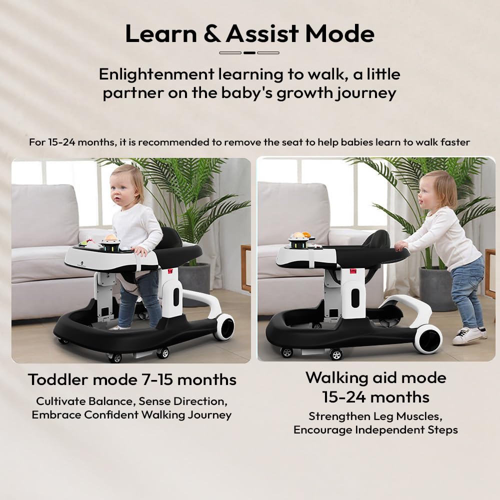 StarAndDaisy Baby Walker/Multifunction/Anti-o Shaped Leg/Anti-Fall/Music Box/Height Adjustment/Baby/Newborn/Girl/boy/ 6-15months *with SEAT Cushion (Premium Black)
