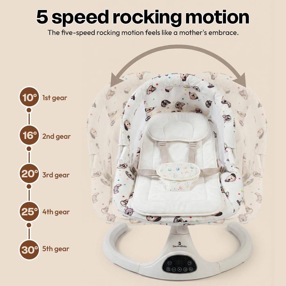 StarAndDaisy baby rockers for 0 to 2 years, Baby Multi functional rocker for babies, Infants & Toddler with mattress, 5-level Automatic Swing & Bouncer/ cradle with touch panel & hanging toys (601-Beige)
