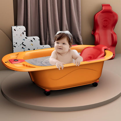 StarAndDaisy Baby Bath Tub for 0 to 5 Years/Bath Tub for Kids 0-3 Years/Infants Bathtub with Temperature Censor & Baby Bath Seat/Sling, Antislip Baby Bath Tub with Bath Chair (Orange & Red)