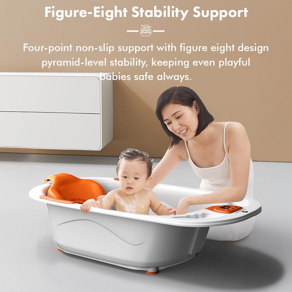 StarAndDaisy Baby Bath tub for 0 to 5 Years with Temperature Sensor/Bath tub for Kids 0-3 Years for Kids with Anti-Slip Legs/Bath tub for Baby with Baby Bather Without Wheel(White-Orange)