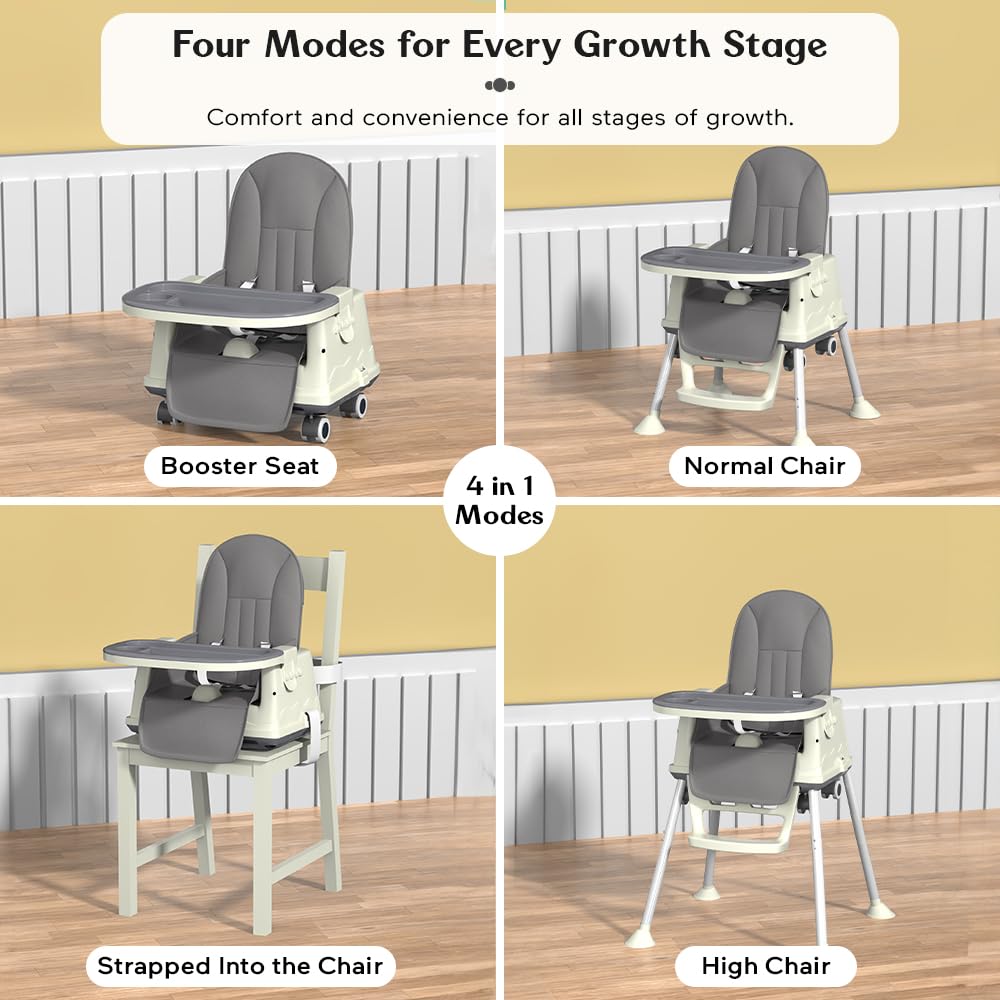 StarAndDaisy High Chair for Baby/Baby Feeding Chair for 0 to 5 Years with 4 in-1 Multifunctions/High Chair with Height Adjustable, Detachable Tray & One-Hand Adjustable - Grey