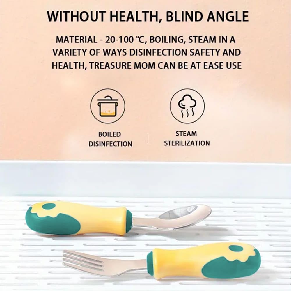 StarAndDaisy Baby Stainless Steel Spoon and Fork Set for Infants & Toddler – BPA-Free Toddler Cutlery, Safe Rounded Edges, Easy Grip Baby Utensils for Self Feeding & Weaning -Orannge & Green