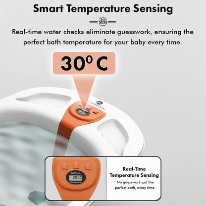 StarAndDaisy Baby Bath Tub for 0 to 5 Years/Bath Tub for Kid 0-3 Years/Infants Bathtub with Temperature Censor & Baby Bath Sling/seat, Antislip Baby Bath tub with Bath Chair (White-Orange)