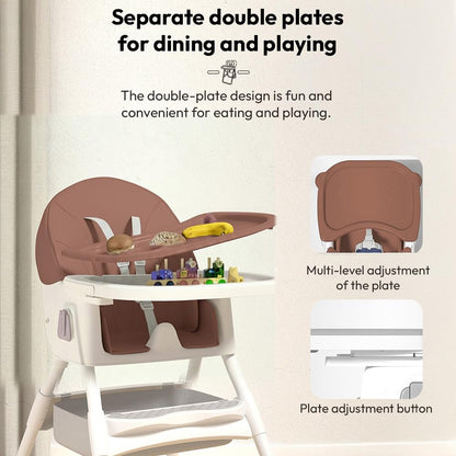 StarAndDaisy High Chair for Baby 6 Months to 5 Years/Adjustable Height Feeding Chair with 4 Reclining Seat Positions, Double Food Tray, Foldable Design & Wheels/High Chair for Baby - Coffee