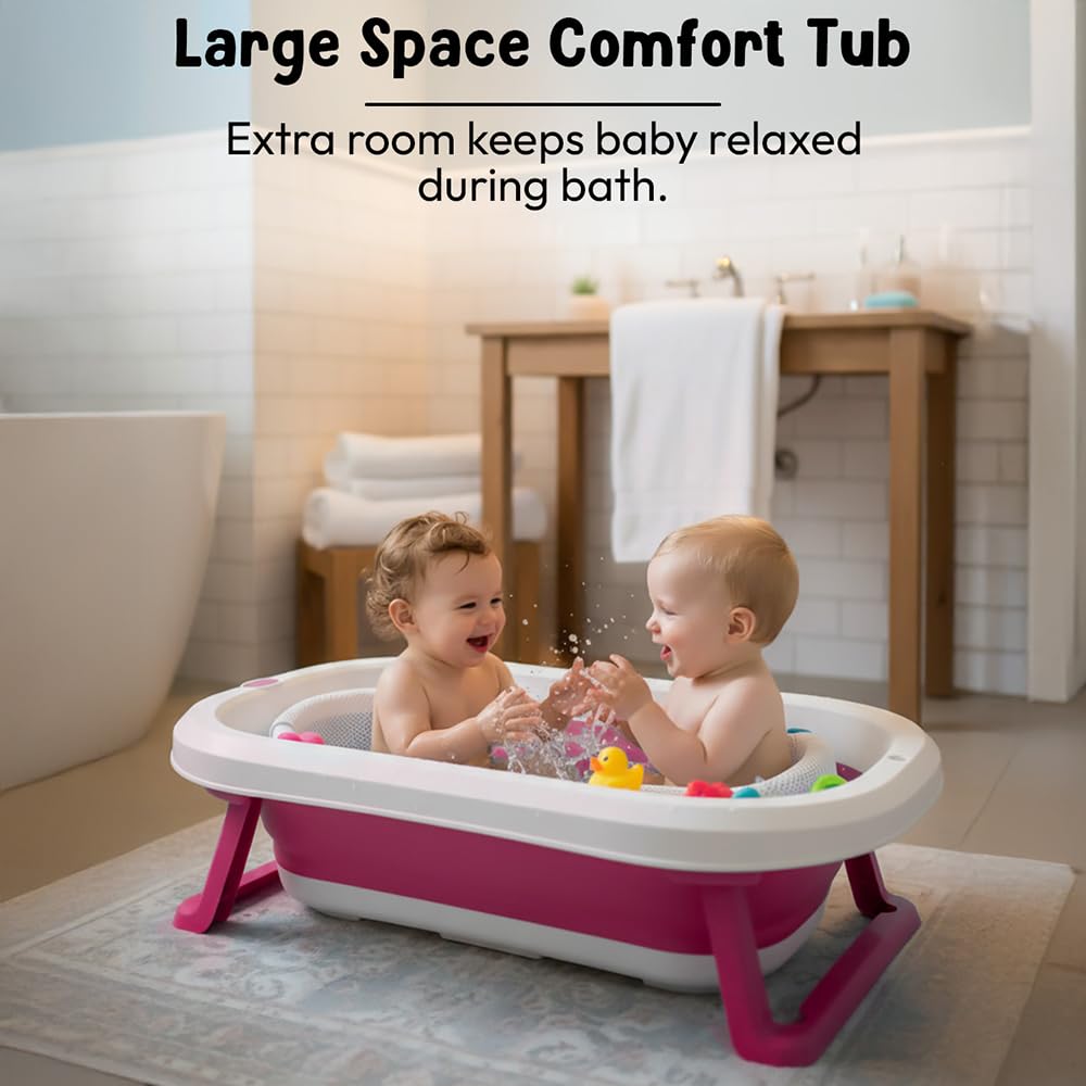 StarAndDaisy Bath Tub for Baby 0-3 Years/Foldable Bath tub for Kids with Cushion, Space Saving Design, Newborn Baby Folding Bathing Tub Girls & Boys, Easy to Store- Pink