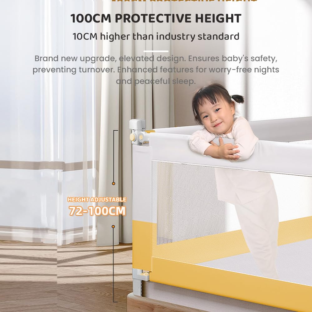 StarAndDaisy Alloy Steel Baby Bed Guard Rail with T- Body Support Frame, Adjustable Height/Portable Single Side Bed Rail for Infant & Toddler's Safety (Grey &Yellow-1.8 M)