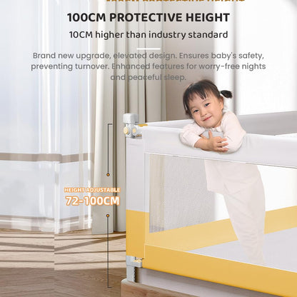 StarAndDaisy Alloy Steel Baby Bed Guard Rail with T- Body Support Frame, Adjustable Height/Portable Single Side Bed Rail for Infant & Toddler's Safety (Grey &Yellow-1.8 M)